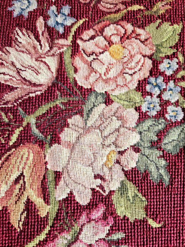 Vintage needlework tapestry embroidery with golden wooden frame