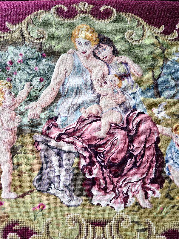 Vintage needlework tapestry embroidery with golden wooden frame