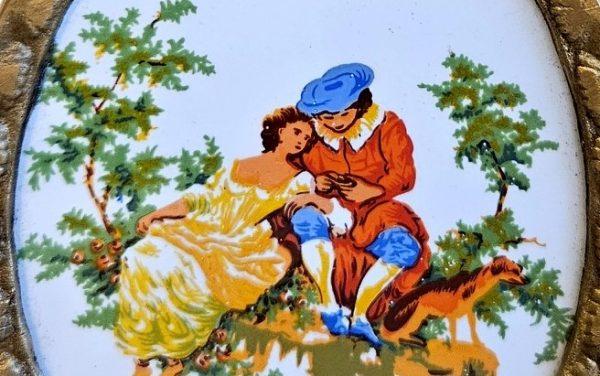 Vintage Hand Painted Porcelain Painting With Brass Frame Crown