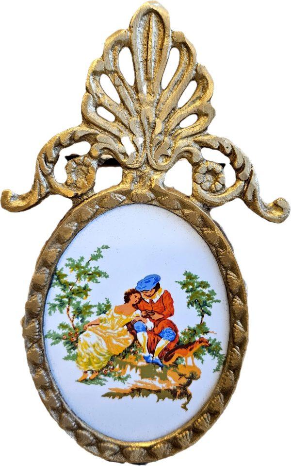 Vintage Hand Painted Porcelain Painting With Brass Frame Crown - Image 2