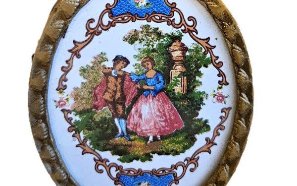 Vintage Hand Painted Porcelain Painting With Brass Frame Crown
