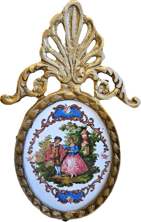 Vintage Hand Painted Porcelain Painting With Brass Frame Crown - Image 2